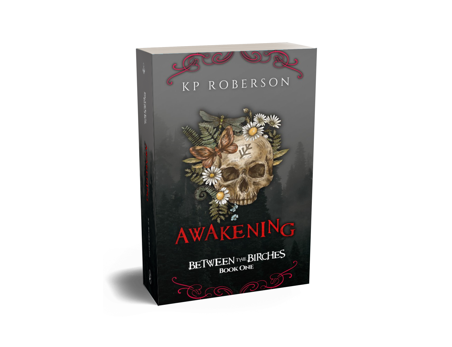 Awakening cover with a skull and ferns in front of a foggy, dense forest.