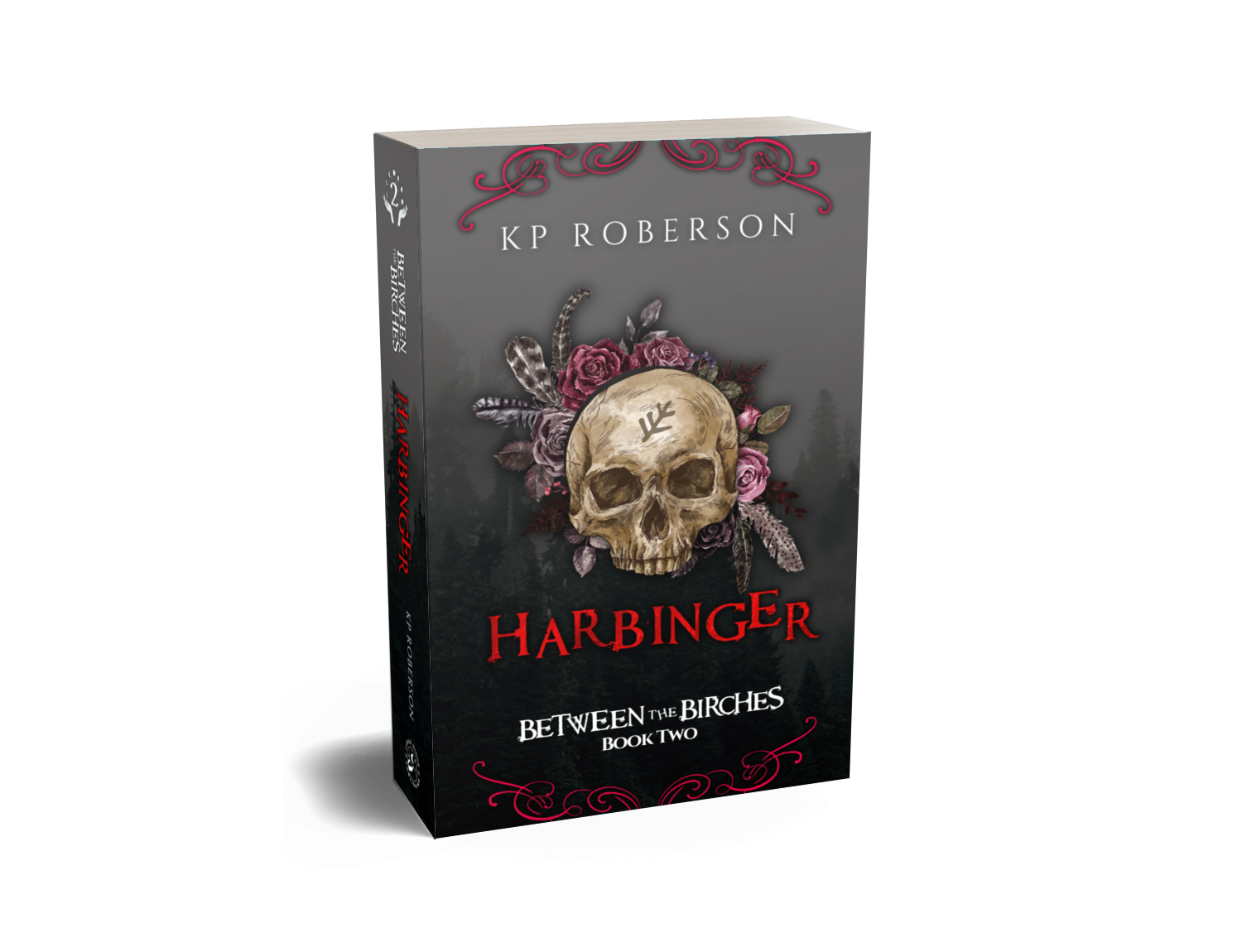 Harbinger cover with a skull, roses, and feathers in front of a foggy, dense forest.